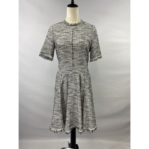 Rebecca Taylor Tweed Mini Dress White Black Size 6 Fringe Short Sleeve Lined - Picture 15 of 15